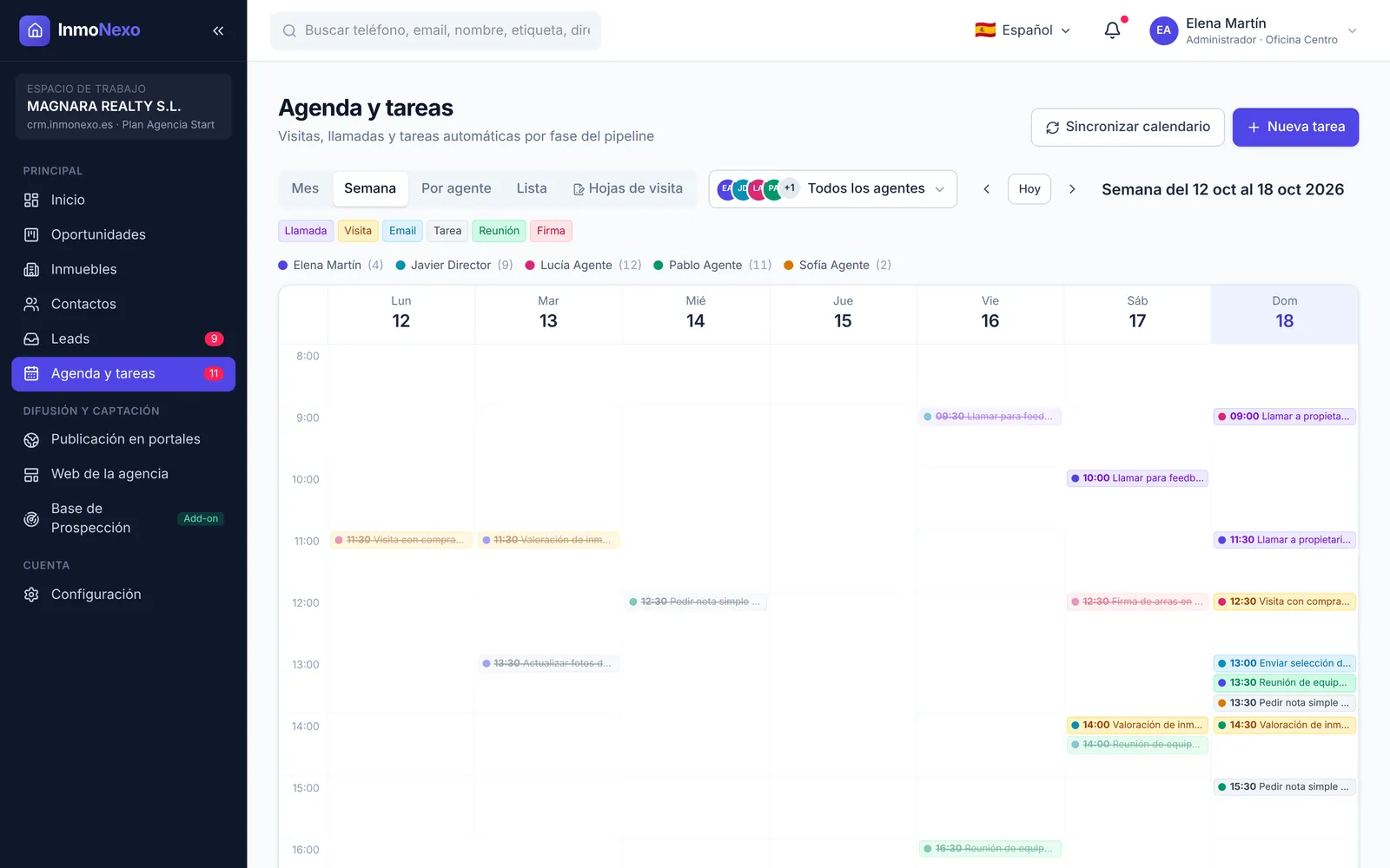 Agenda semanal de InmoNexo con visitas y tareas de varios agentes