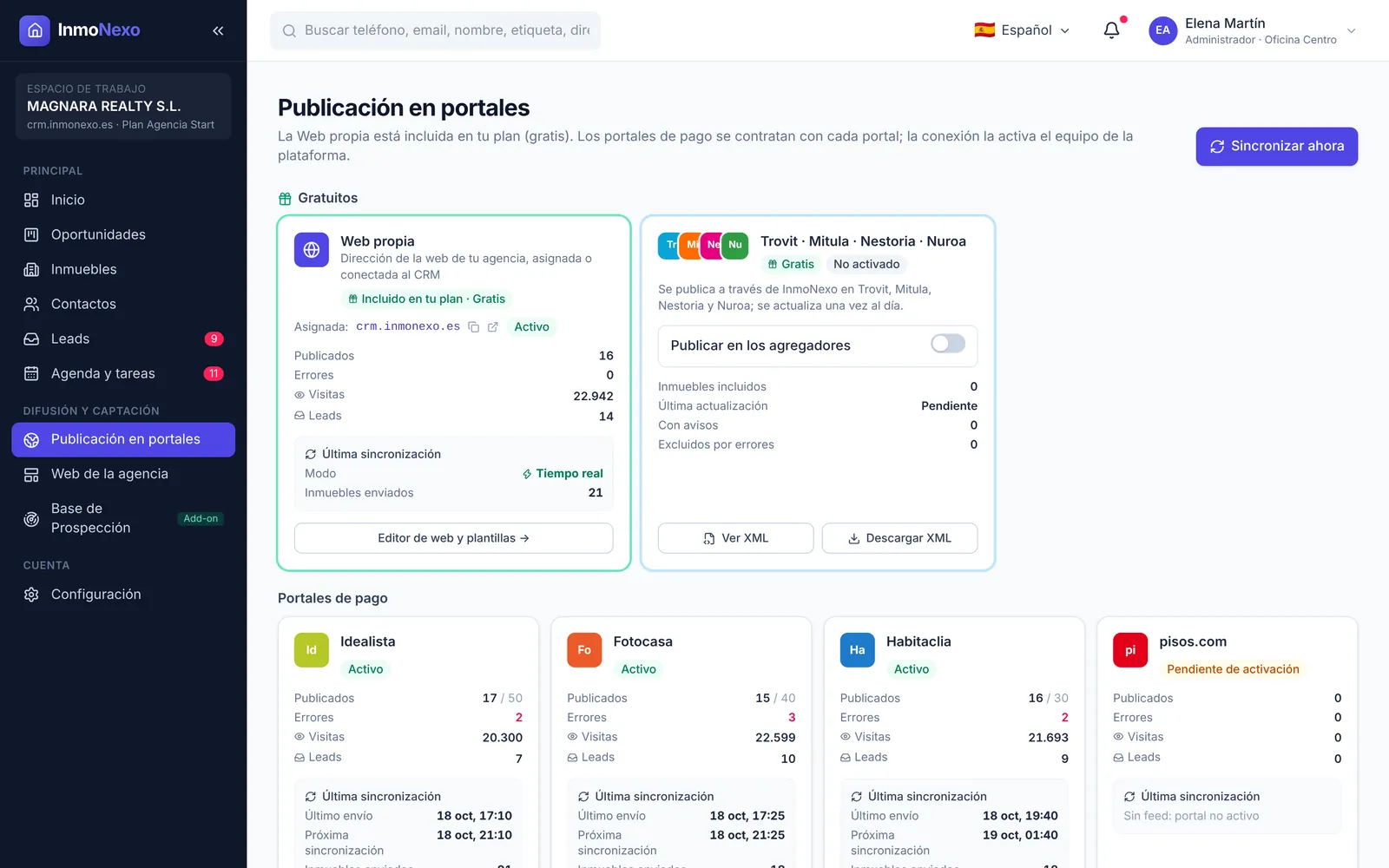 Pantalla de publicación en portales de InmoNexo con web propia, Trovit y portales de pago